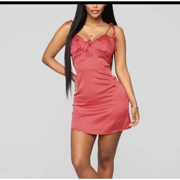 Fashion Nova Red White Polka Dot Mini Dress Adjustable Tie Straps - Picture 1 of 10
